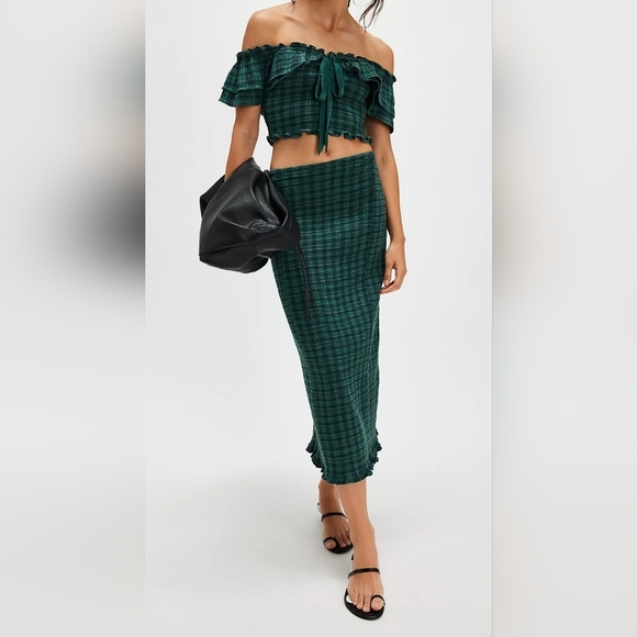 Free People Stretchy Annabeth Green Plaid Top & Skirt 2pc Set, Rainforest, MED - Picture 7 of 13